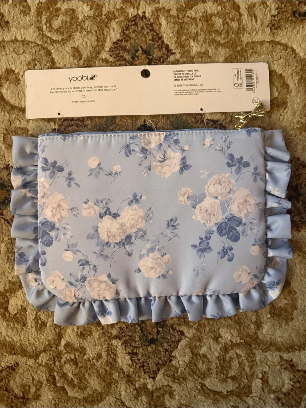 Yoobi Light Blue Floral Ruffle pencil case pouch with Gold Charm